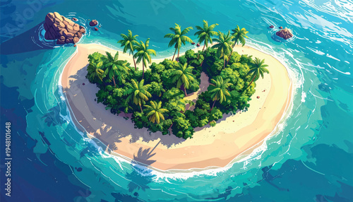 Heart island viewed from above with palms, beach, and blue sea. Romantic tropical shape formed by sand, trees, and shoreline. Aerial love paradise featuring lush foliage and gentle surf. 