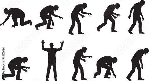 Silhouette sequence showing human transformation into zombie with progressive poses, horror evolution concept, ideal for character design, animation, and science fiction illustration.