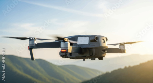 Drone flying over scenic mountainous landscape during sunset hours