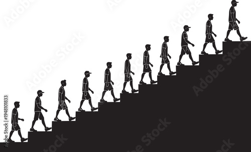 Silhouettes of a person walking upstairs step by step, symbolizing progress, growth, achievement, determination, and personal development through upward motion in a simplified visual concept