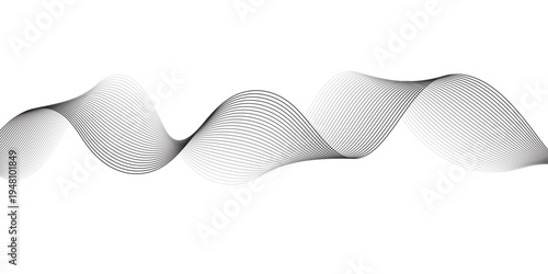 Minimalist Abstract Grayscale Sine Wave Pattern with Flowing Parallel Lines Forming Smooth Rhythmic Curves on Transparent Background, Representing Audio Sound and Digital Data Flow.