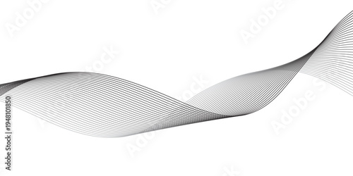 Abstract Monochrome Wave Line Vector with Dynamic Black and White Parallel Curves Creating Smooth Sine Pattern for Audio Frequency, Signal Waves, and Digital Technology.
