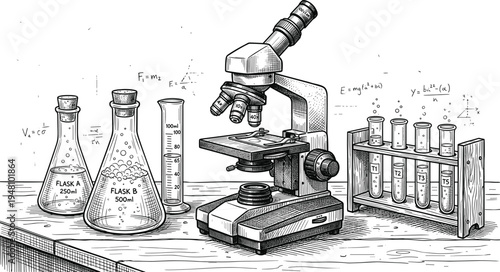vintage science laboratory illustration, microscope flasks test tubes chemistry experiment research equipment engraving style