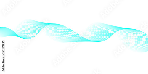 Modern Minimal Cyan Wave Line Pattern on Transparent Background with Smooth Flowing Curves Representing Sound Frequency, Audio Signal, and Digital Data Flow.