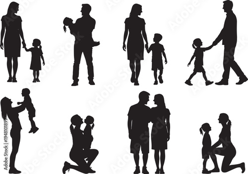 Silhouettes of adults and children engaging in family activities, symbolizing parenting, caregiving, bonding, emotional connection, childhood, and generational 