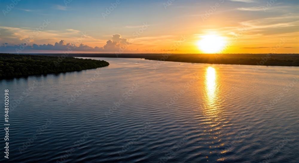 Fototapeta premium Aerial view of a wide river reflecting a vibrant sunset over lush green forest