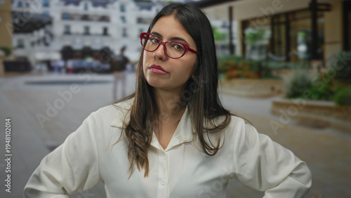 Obraz na plátně Young hispanic woman wearing red glasses points finger to head then to camera on an urban street outdoors; serious thinking