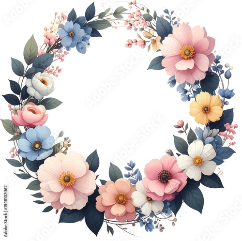 Botanical circle composed of airy blooms and slender branches. Pastel floral frame with spacious center for premium messages. Whimsical garden border crafted for elegant event stationery.