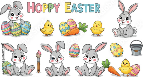 Ester vector easter bunny and eggs illustration with happy easter text