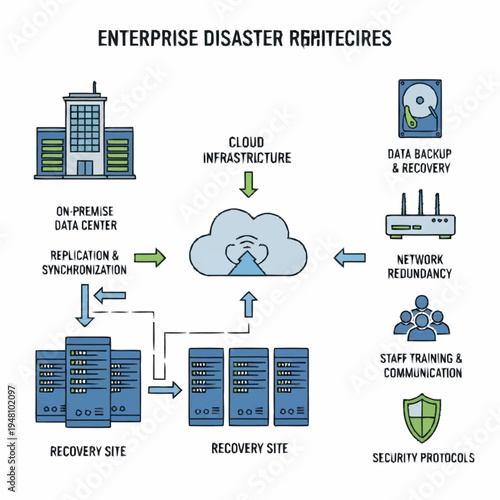 Enterprise Disaster Recovery Architecture: On-Premise Data Center, Cloud Infrastructure, and Recovery Sites.