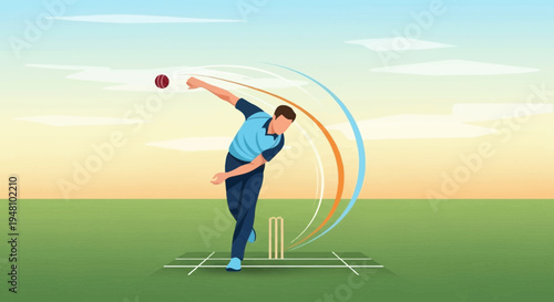 Illustration of a cricket bowler in action, delivering a ball with a curved trajectory against a sky backdrop