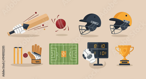 Collection of cricket game icons and elements, including bat, ball, wickets, field, scoreboard, trophy, and helmets