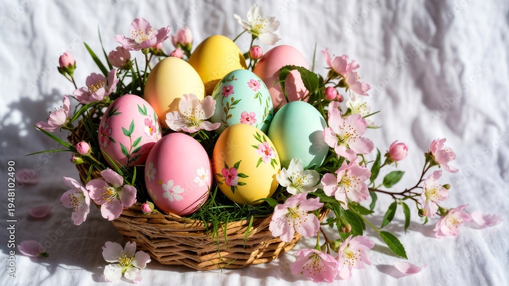 Fototapeta premium Wicker basket with Easter eggs festive composition