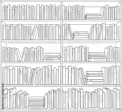 Bookshelves filled with books in black and white line bookcases library bookshelf