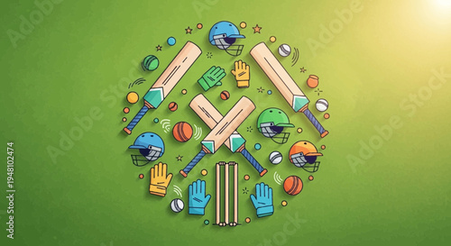 Vibrant flat design of cricket sports equipment. Circular pattern of bats, helmets, and gloves on green, celebrating the game