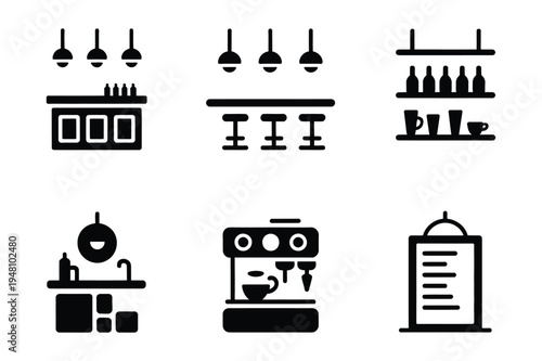 Bar and cafe icons: coffee machine, bottles, menu, counter