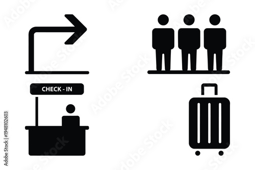 Airport check-in icons: queue, luggage, signage, service