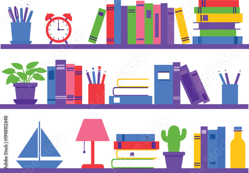 Colorful bookshelf with books and decorative clock plant pencils