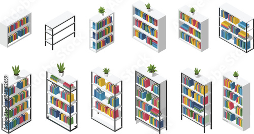 Colorful bookcases with plants on in various isometric views bookshelves books