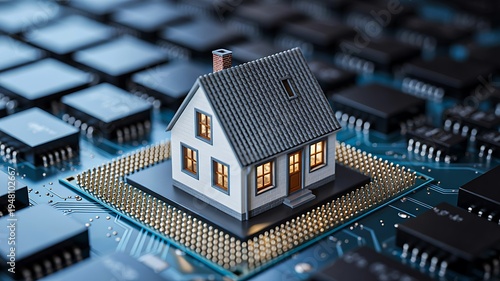 Smart home technology concept with house model on microchip representing digital connectivity and innovation