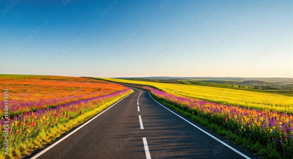 Obraz premium An open road winds through vibrant fields of wildflowers under a clear blue sky