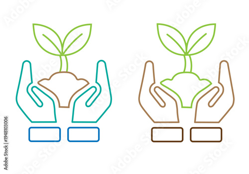 hands holding young plant with soil vector icon set for environment and growth concepts