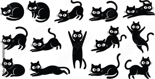 Black cat silhouette vector set isolated on light background, cute feline collection in playful poses illustration bundle for design
