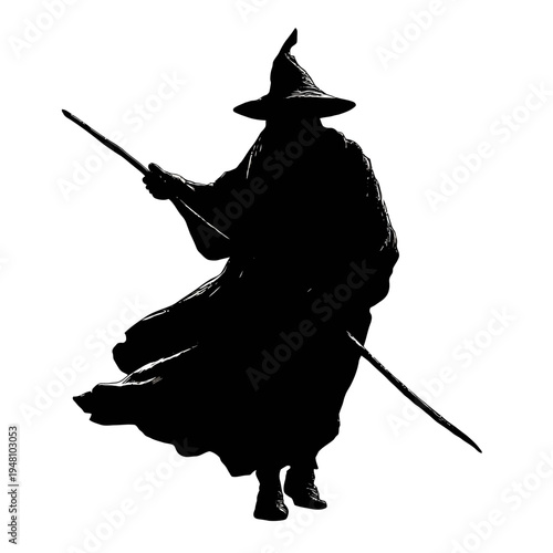 Silhouette of a mystical wizard character.