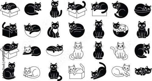 Black and white cat silhouette vector set isolated on light background, cute kitten collection in various poses illustration bundle