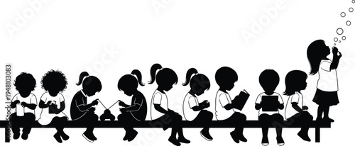 Children silhouette sitting on bench reading playing learning using tablet blowing bubbles isolated on white background illustration kids education activity concept