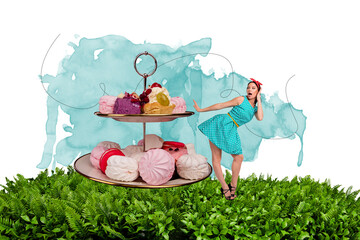 Creative composite sketch artwork collage of plant nature spring mother day young lady pinup style dance green grass sweet desert tasty