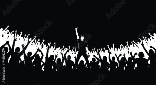 Concert crowd silhouettes cheering audience with singer performer on stage music festival fans hands raised black white illustration background