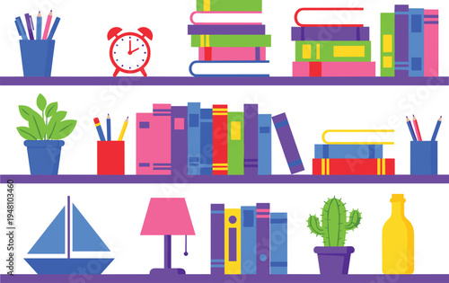 Colorful bookshelf with books and decorative purple shelves