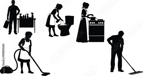House cleaning silhouettes collection housekeeping workers vacuuming mopping cooking bathroom cleaning service staff black white icon set isolated clipart illustration bundle vector