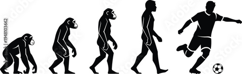 Human evolution silhouette vector from ape to soccer player isolated on light background, evolutionary progression illustration bundle for sport science design