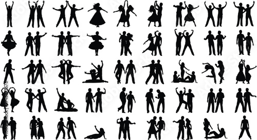 People dancing silhouette vector set isolated on light background, men and women motion collection, party celebration pose illustration bundle