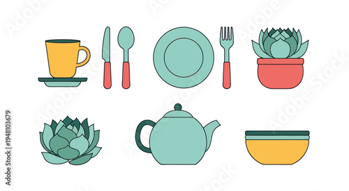Graphic illustration of tableware and plants