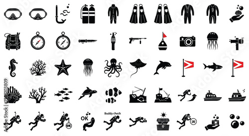 Collection of scuba diving and ocean exploration icons in stark silhouette