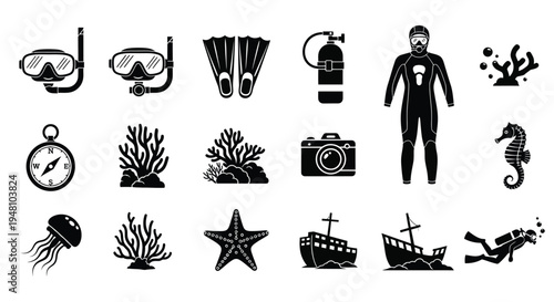 Scuba diving equipment and marine life illustrated in a black silhouette