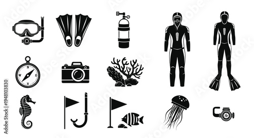 Scuba diving equipment collection including a diver in a flat style silhouette