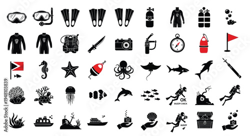 Black icons depicting scuba diving equipment marine life and a diver silhouette