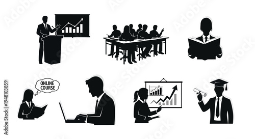 Business meeting and education icons depicted in a striking black silhouette