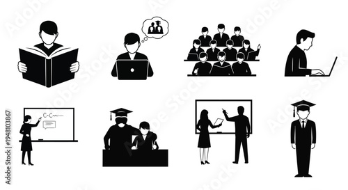 Educational icons depicting students teachers and learning environments silhouette high quality