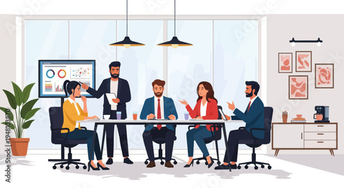 Diverse business team in a modern office meeting, discussing strategy with charts on screen