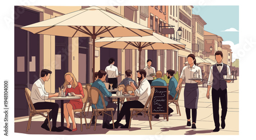 Outdoor cafe scene with people dining and waiters serving, sunny day