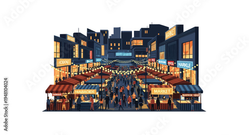 Night Market Street Scene with Stalls, Lights and Crowds
