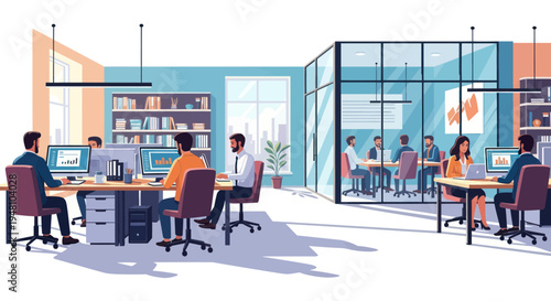 Modern office space with people working at desks and in a meeting room