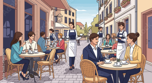 People enjoying drinks at outdoor cafe tables on a sunny European street