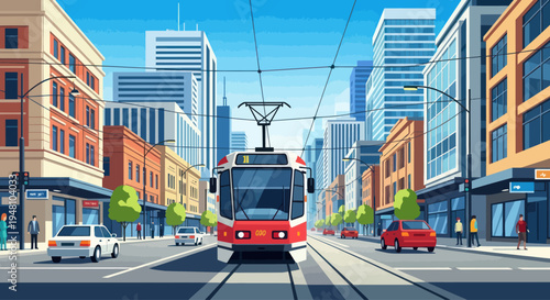 Modern tram moving through a bustling city street with skyscrapers and cars
