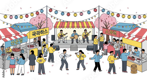 K-Pop Festival Street Scene: Live Music, Food Stalls, Cherry Blossoms, People Enjoying
